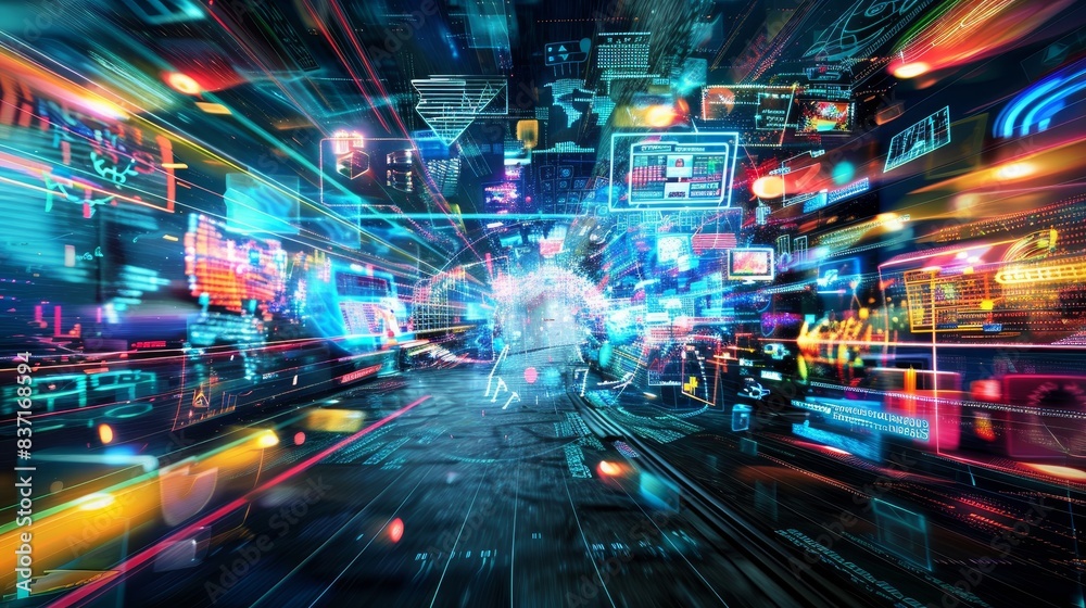 A light-speed journey through a matrix of information in a digital metropolis. A light-speed journey through a matrix of information in a digital metropolis.