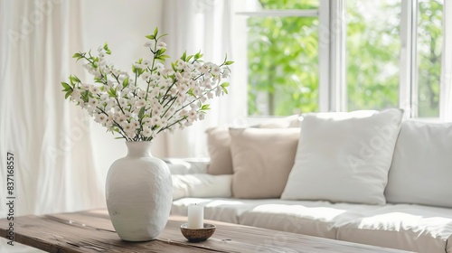 minimalist scandinavian living room interior with vase of blossoms on wooden coffee table white sofa with pillows and window