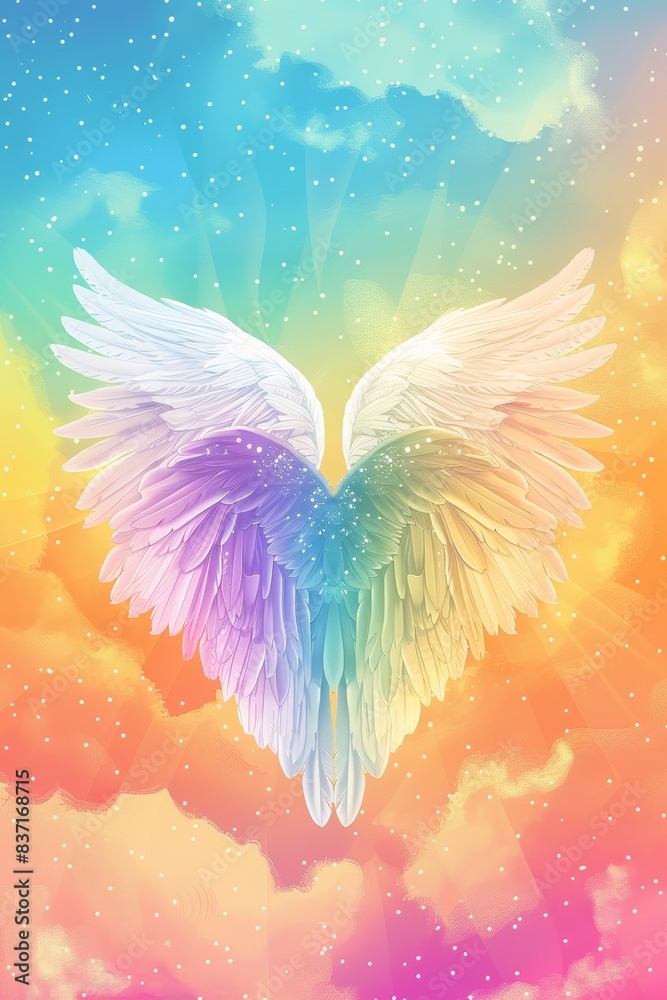 Obraz premium Peaceful Rainbow Heart with Angel Wings in Colorful Sky | Love, Serenity, Flat Design Illustration, Heavenly, LGBTQ+, Hope, Wings, Soft, Rainbow Colors
