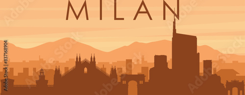 Brown panoramic poster of the city skyline with misty background buildings, sunrise, clouds and mountains of MILAN (MILANO), ITALY