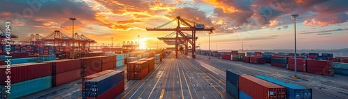Importexport operations captured through focused logistics paperwork, vibrant port activity with shipping containers distant