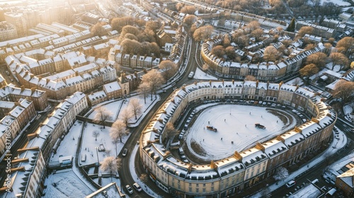 Aerial View of Snow-Covered Urban Neighborhood with Curved Streets and Historic Buildings at Sunrise