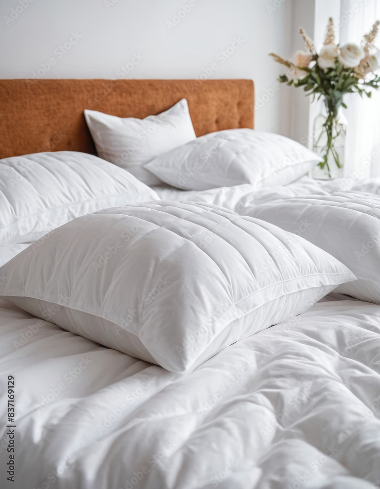 White several folded duvets lying on white bed background. Preparing for winter season, hotel or home textile White several folded duvets lying on white bed background. Preparing for winter season, hotel or home textile