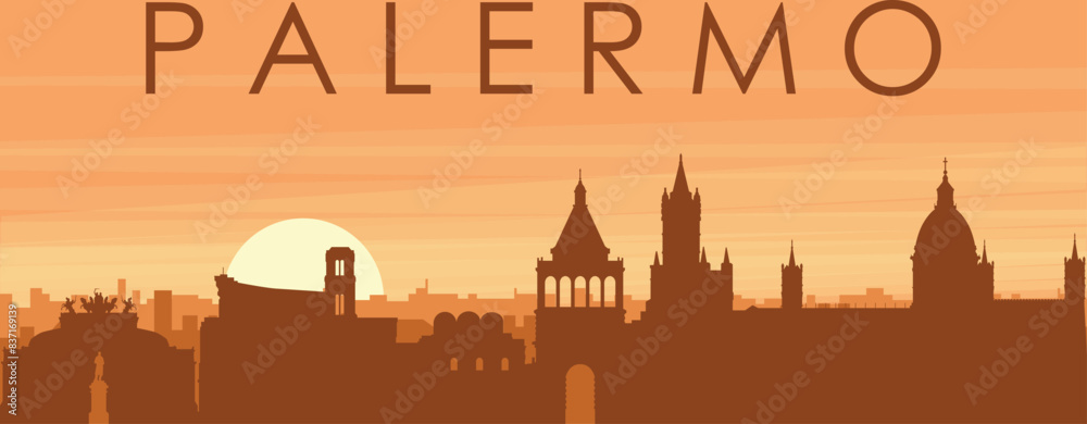 Brown panoramic poster of the city skyline with misty background buildings, sunrise, clouds and mountains of PALERMO, ITALY Brown panoramic poster of the city skyline with misty background buildings, sunrise, clouds and mountains of PALERMO, ITALY