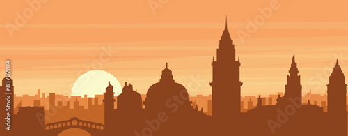 Brown panoramic poster of the city skyline with misty background buildings, sunrise, clouds and mountains of VENICE (VENEZIA), ITALY