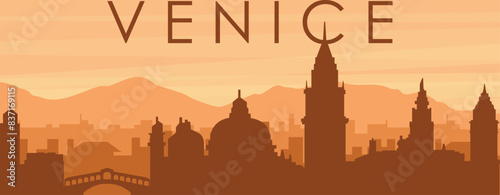 Brown panoramic poster of the city skyline with misty background buildings, sunrise, clouds and mountains of VENICE (VENEZIA), ITALY