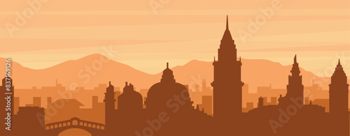 Brown panoramic poster of the city skyline with misty background buildings, sunrise, clouds and mountains of VENICE (VENEZIA), ITALY