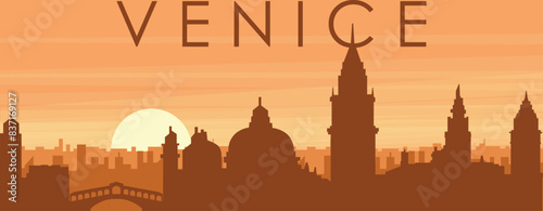 Brown panoramic poster of the city skyline with misty background buildings, sunrise, clouds and mountains of VENICE (VENEZIA), ITALY