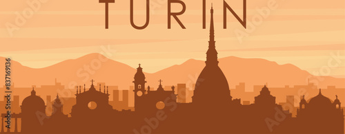 Brown panoramic poster of the city skyline with misty background buildings, sunrise, clouds and mountains of TURIN (TORINO), ITALY