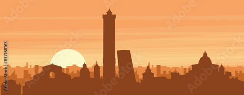Brown panoramic poster of the city skyline with misty background buildings, sunrise, clouds and mountains of BOLOGNA, ITALY