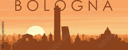 Brown panoramic poster of the city skyline with misty background buildings, sunrise, clouds and mountains of BOLOGNA, ITALY