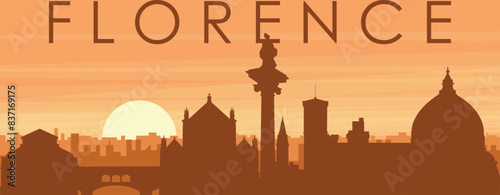 Brown panoramic poster of the city skyline with misty background buildings, sunrise, clouds and mountains of FLORENCE (FIRENZE), ITALY
