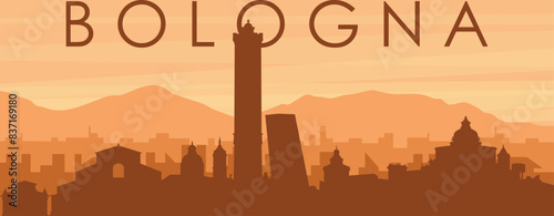 Brown panoramic poster of the city skyline with misty background buildings, sunrise, clouds and mountains of BOLOGNA, ITALY