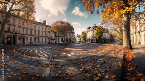 Charming Autumn Street Scene in a Historic European Town with Colorful Leaves and Classic Architecture