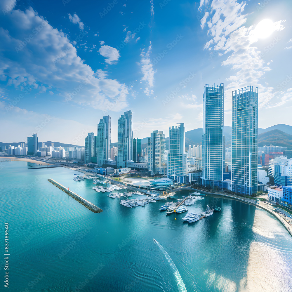 Obraz premium Aerial view of a vibrant cityscape along a bustling marina on a clear sunny day