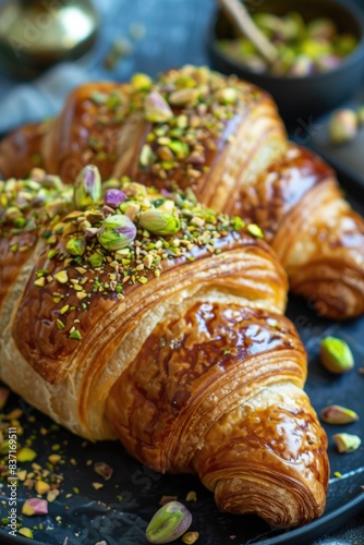 Fresh Pistachio Croissants on Parchment Paper - Gourmet Breakfast Pastries photo