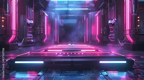 Sci-fi themed podium for a virtual game, with teleportation effects and neon lights photo