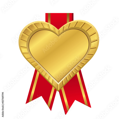 Gold heart medal with Red Ribbon. Transparent background