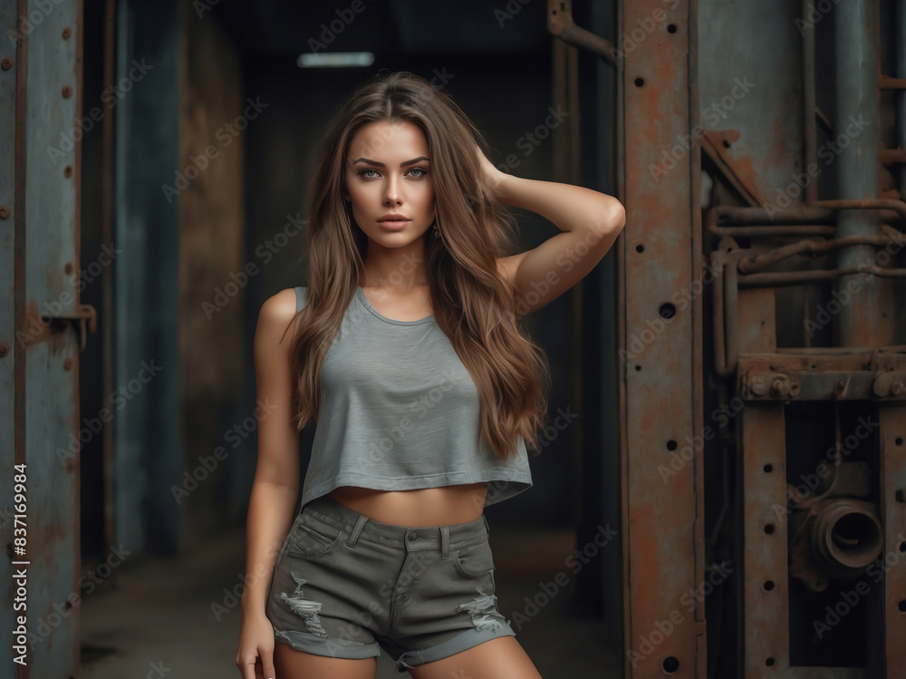 Stylish Young Woman in Gray Crop Top and Ripped Shorts Posing Confidently in an Industrial Setting Stylish Young Woman in Gray Crop Top and Ripped Shorts Posing Confidently in an Industrial Setting