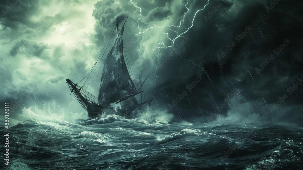 ominous ancient boat navigating stormy seas under menacing sky dark ...