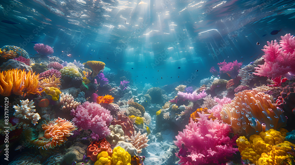 Fototapeta premium A vibrant nature coral atoll landscape with a variety of marine life, the corals creating a colorful underwater garden