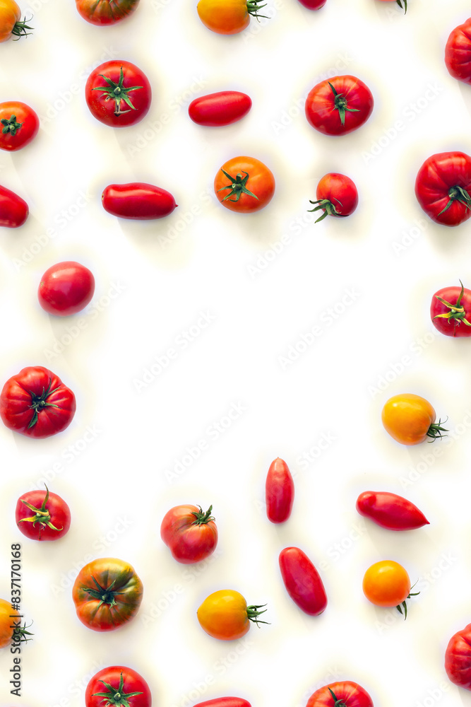 Red and yellow tomatoes, fresh farm tomatoes of various colors and cultivar on a white background with space for text. Top view, flat lay Red and yellow tomatoes, fresh farm tomatoes of various colors and cultivar on a white background with space for text. Top view, flat lay