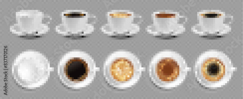 Realistic coffee cup set with different color hot drink. Black coffee, cappuccino, espresso, macchiato, mocha. Vector illustration.