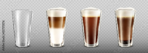 Realistic glossy glass with double wall full of hot latte macchiato. Set of different coffee drinks isolated on a transparent background