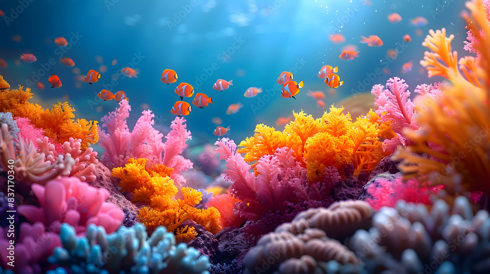 Fototapeta premium A vibrant nature coral atoll landscape with divers exploring the underwater world, the scene