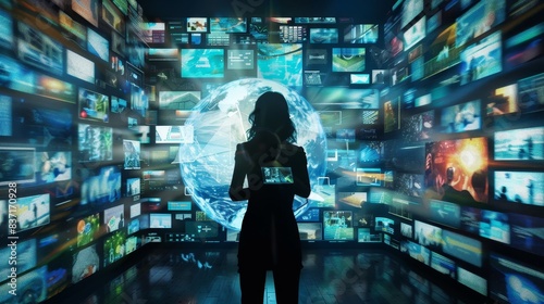 A digital command center with a network of screens showcasing global communication technology.