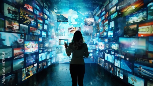 High-tech media display environment enveloping a user in a digital information network.