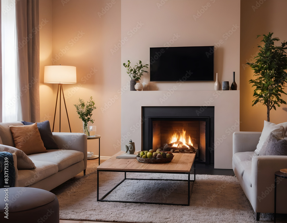 Stylish and cozy living room with a radiant fireplace, inviting furnishings, and chic home accents for a tranquil ambiance Stylish and cozy living room with a radiant fireplace, inviting furnishings, and chic home accents for a tranquil ambiance