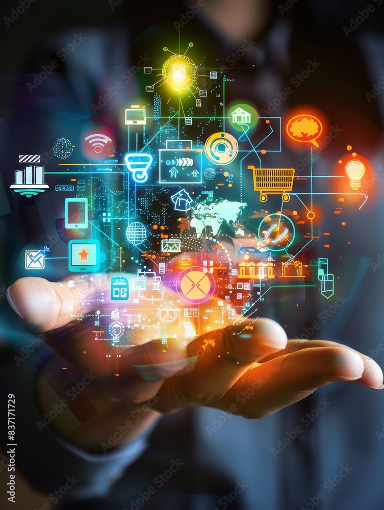 Hands present a vibrant array of cloud computing elements, casting the glow of digital innovation and connectivity. Hands present a vibrant array of cloud computing elements, casting the glow of digital innovation and connectivity.