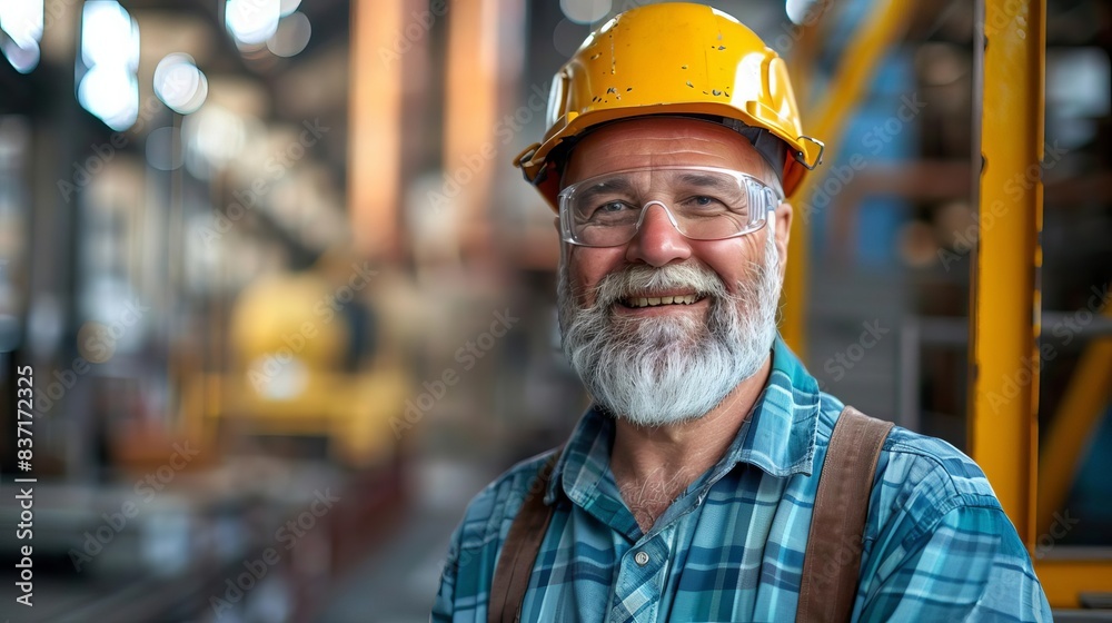 senior male engineer with beard and mustache smiling at construction factory site portrait senior male engineer with beard and mustache smiling at construction factory site portrait