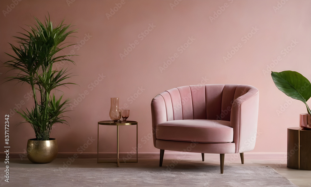 Cozy modern living room setup featuring a pink velvet armchair, green plants, and warm lighting against a pastel wall Cozy modern living room setup featuring a pink velvet armchair, green plants, and warm lighting against a pastel wall
