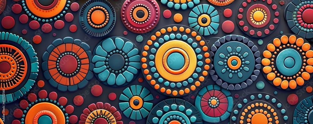 Stylized tribal circle and dot pattern, bright colors, flat design, concentric repetition Stylized tribal circle and dot pattern, bright colors, flat design, concentric repetition