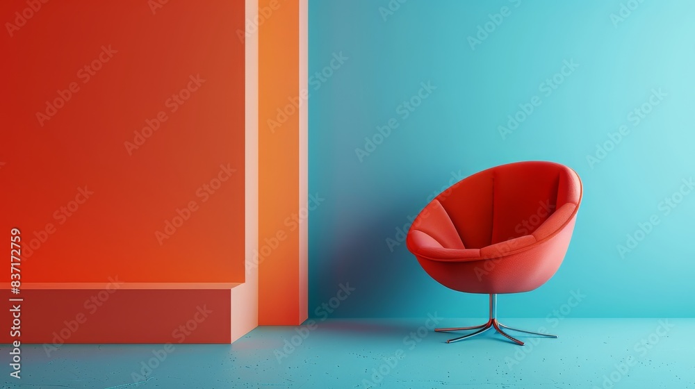 Bold design meets minimalist decor with a stylish red chair as the centerpiece in a room of blue and orange hues. Bold design meets minimalist decor with a stylish red chair as the centerpiece in a room of blue and orange hues.