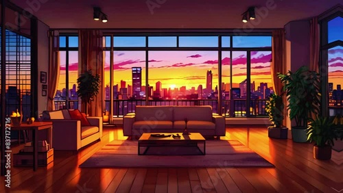 A cozy living room with large windows vibrant cityscape at sunset, stream starting soon overlay loop, virtual background vtuber asset twitch zoom OBS, manga anime chill hip hop Lofi 4k Animation video photo