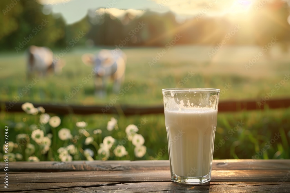 Fresh milk in glass on dark wooden table with blurred cow. Healthy eating in rustic style Fresh milk in glass on dark wooden table with blurred cow. Healthy eating in rustic style