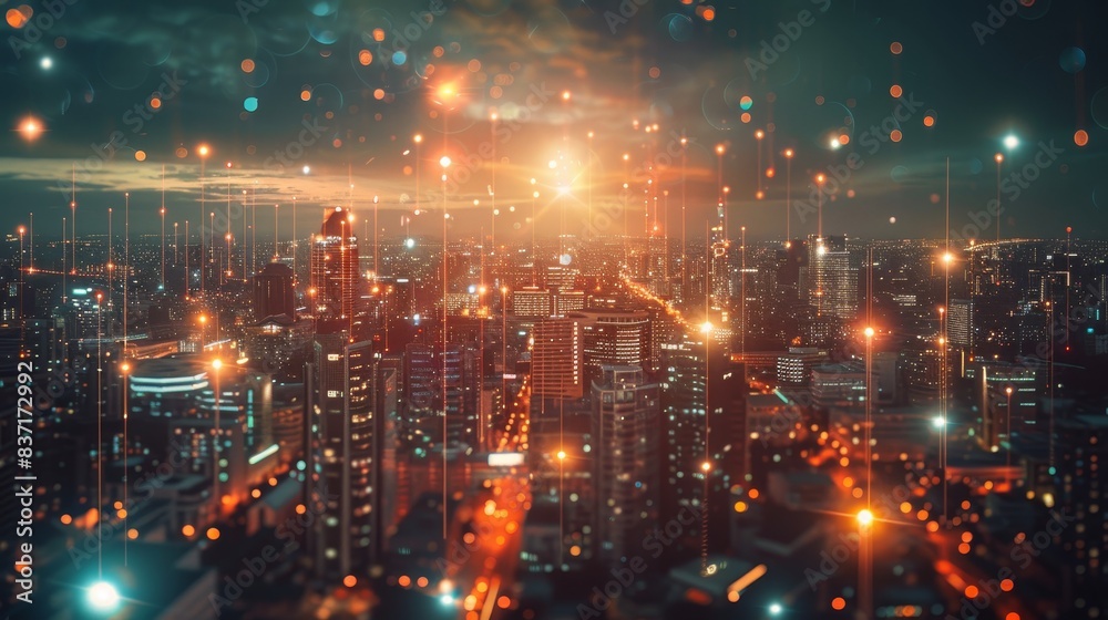 City at dusk transforms into a glowing hub of connectivity and data exchange.