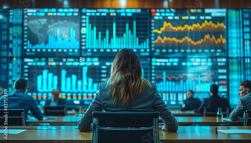 A young woman sits in front of a large video wall displaying financial data