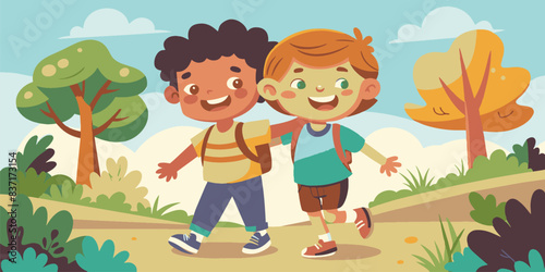 photo of two friends going towards a road and keeping each other hand on each other shoulders. Friendship day concept