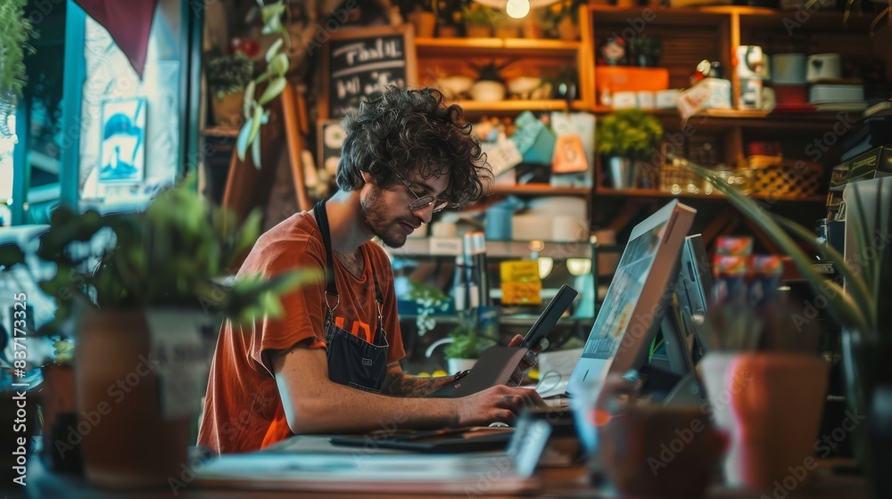 A small business owner in glasses diligently works on a laptop in his plant-filled store. A small business owner in glasses diligently works on a laptop in his plant-filled store.