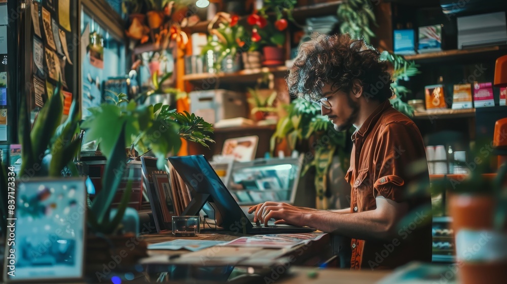 A retail store employee attends to online orders at his desk, framed by an array of vibrant indoor plants. A retail store employee attends to online orders at his desk, framed by an array of vibrant indoor plants.