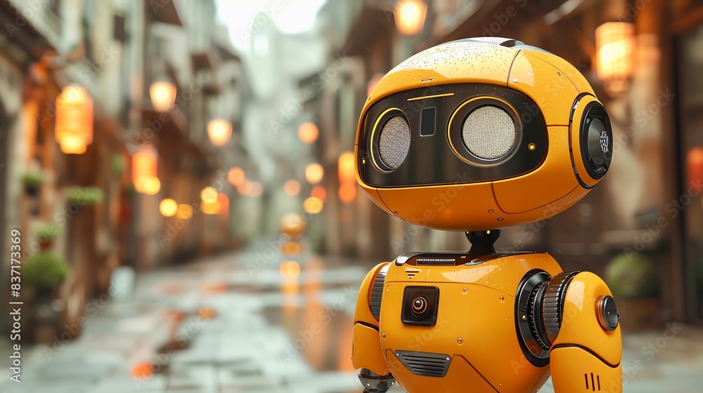 A small yellow robot stands in an alleyway, looking around at the rain A small yellow robot stands in an alleyway, looking around at the rain