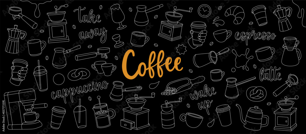 Coffee shop outline set. Beans, drinks, cups, package, grinder, filter, machine, portafilter, kettle. Hand drawn elements for cafe menu, coffee shop. Coffee shop outline set. Beans, drinks, cups, package, grinder, filter, machine, portafilter, kettle. Hand drawn elements for cafe menu, coffee shop.