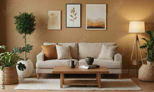 Create a comfortable and inviting atmosphere in your modern living room with a stylish sofa, chic coffee table, and lovely plants © Samsul Alam