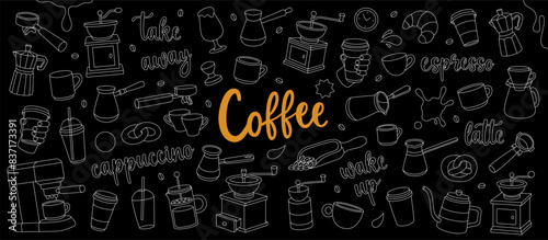 Coffee shop outline set. Beans, drinks, cups, package, grinder, filter, machine, portafilter, kettle. Hand drawn elements for cafe menu, coffee shop.