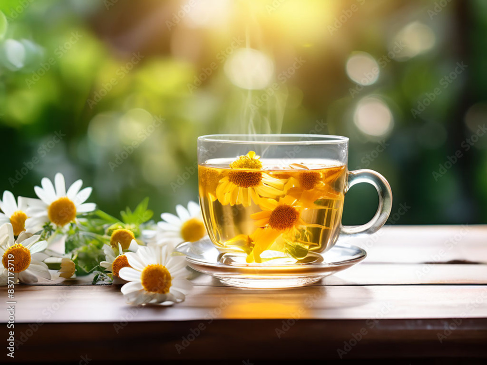 healthy hot camomile tea on white table with blurred background healthy hot camomile tea on white table with blurred background