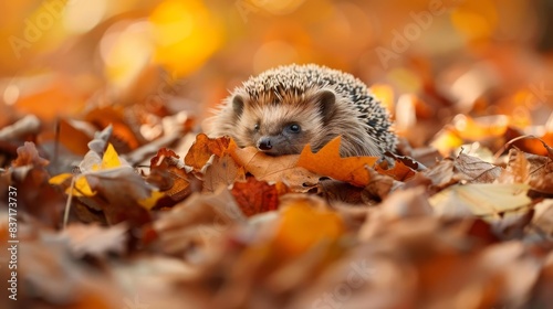 shy woodland creature adorable hedgehog curled in protective ball among fallen leaves nature photography